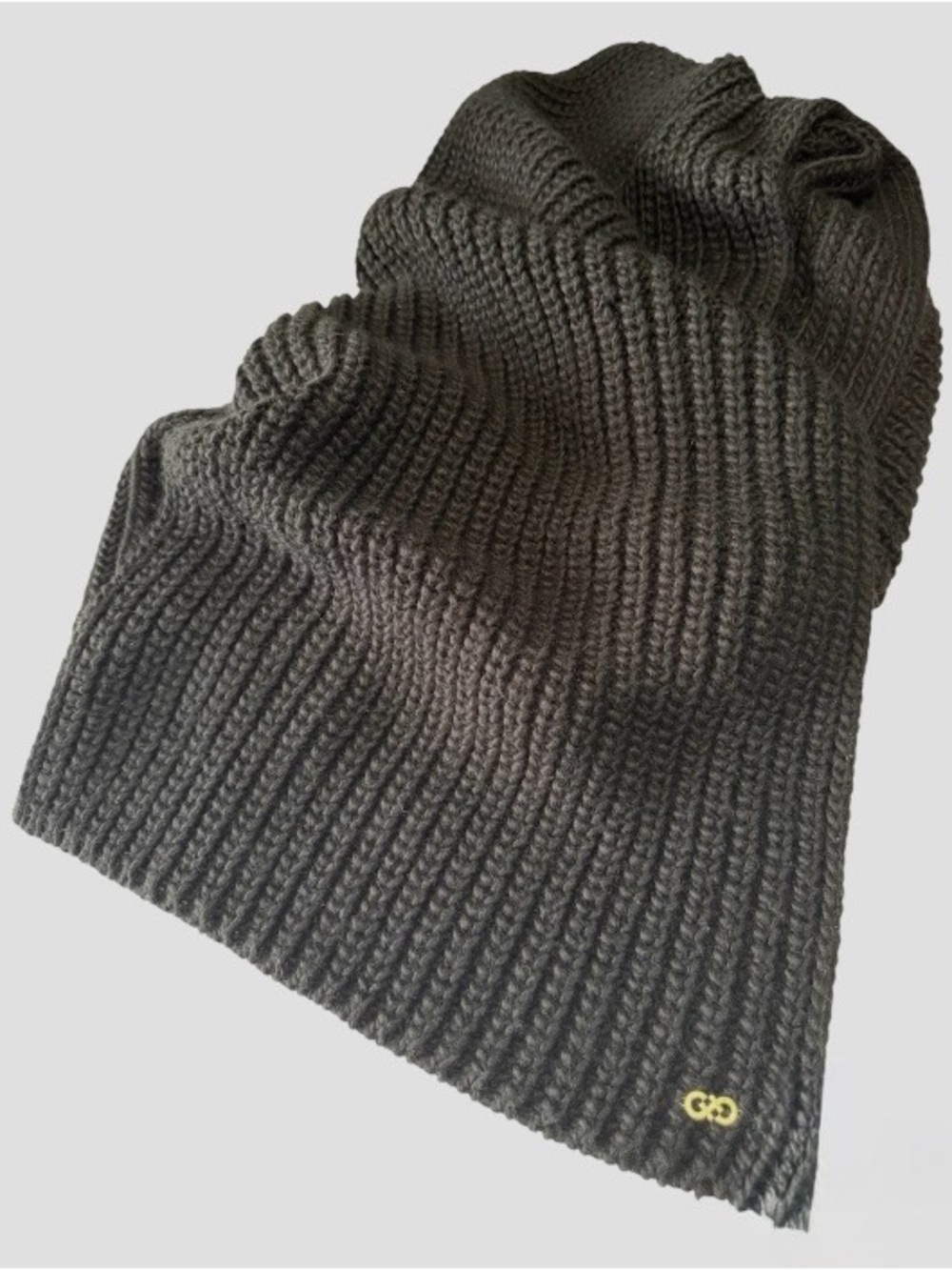 Cole Haan Ribbed Chunky Knit Scarf Signature CH logo charm Black 9.5" x 68-70"